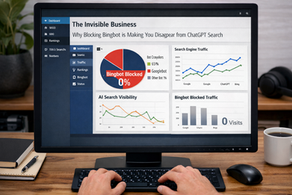 Desktop monitor showing an SEO dashboard with Bingbot traffic blocked and AI search visibility metrics.