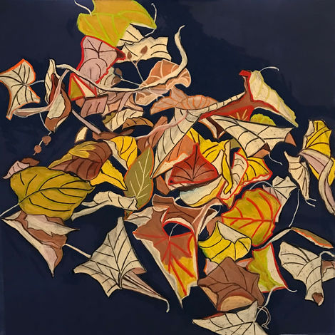 scattering of fall leaves on a blue background