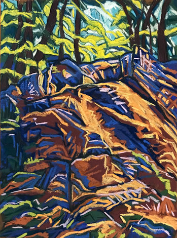 Landscape with blue and orange rocks.