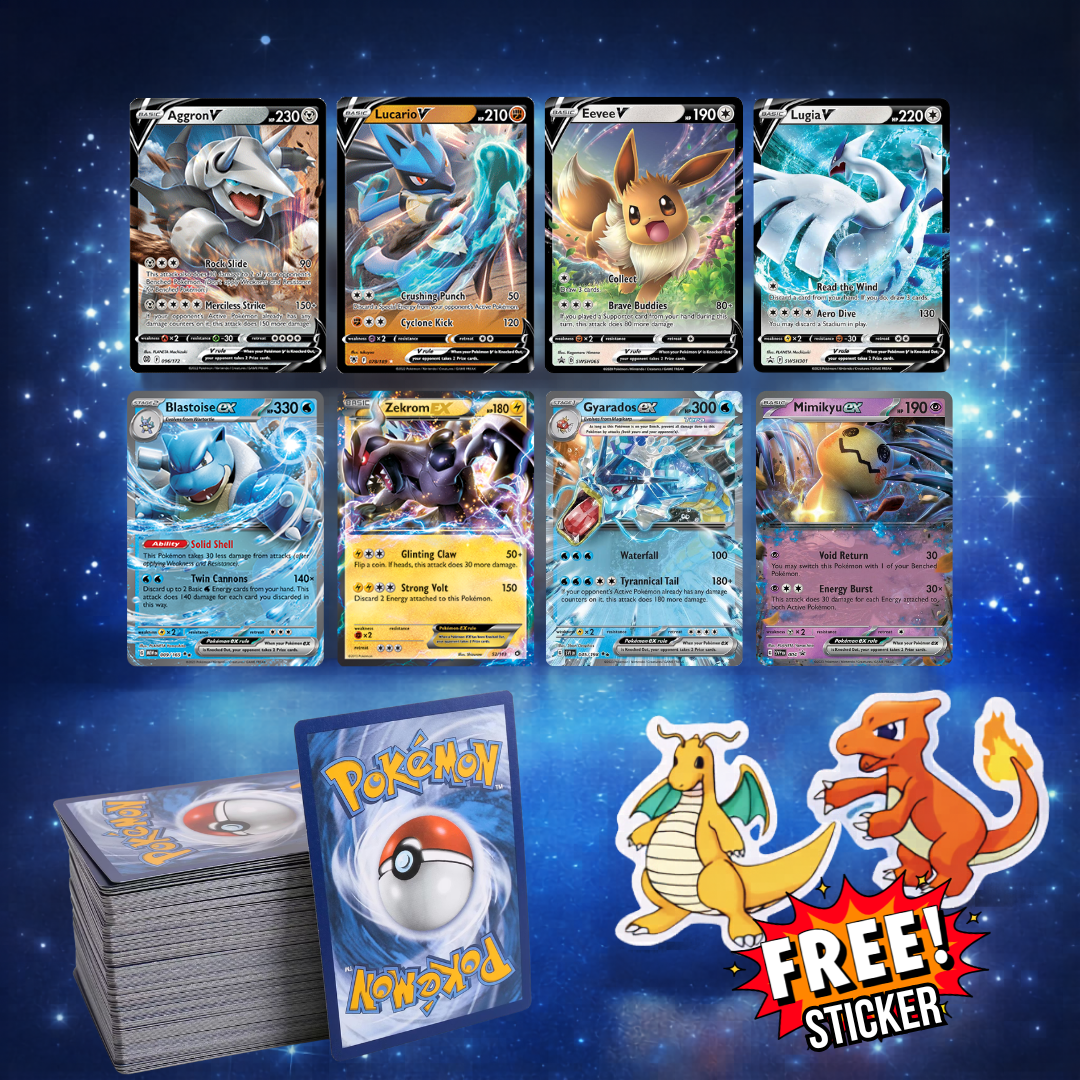 Pokémon 100+ Card Bundle | 1 V or EX Card | Holos & Rares Included | +2 stickers