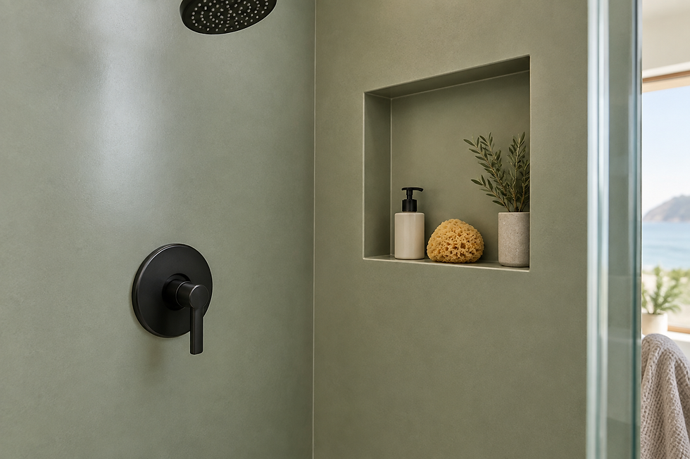 AI-generated close-up concept of a solid-surface shower niche and wall detail