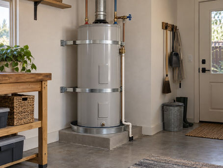 Residential water heater with two seismic restraints, accessible shutoff and drain pan