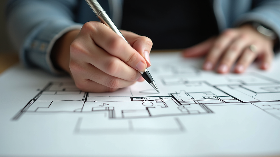 Close-up view of a designer’s hand sketching a floor plan on paper