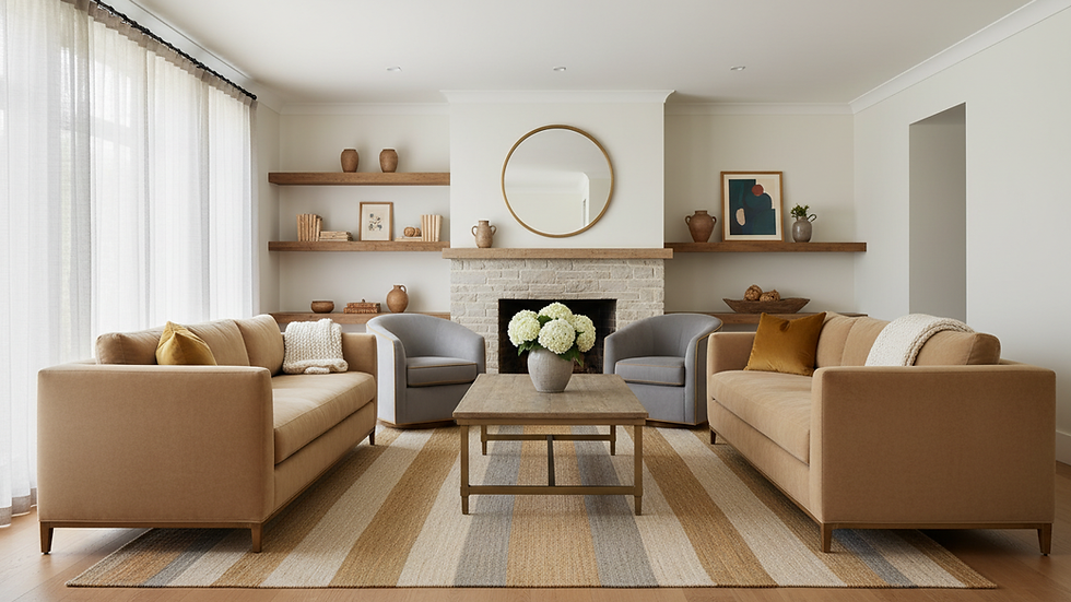 Eye-level view of a cozy living room with natural light and modern furniture