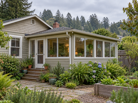 Older residential addition beside a Humboldt County-style home. AI-generated illustration.