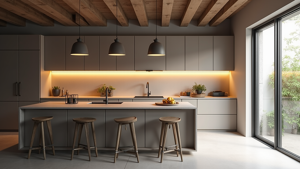 High angle view of a modern kitchen with custom cabinetry and pendant lighting