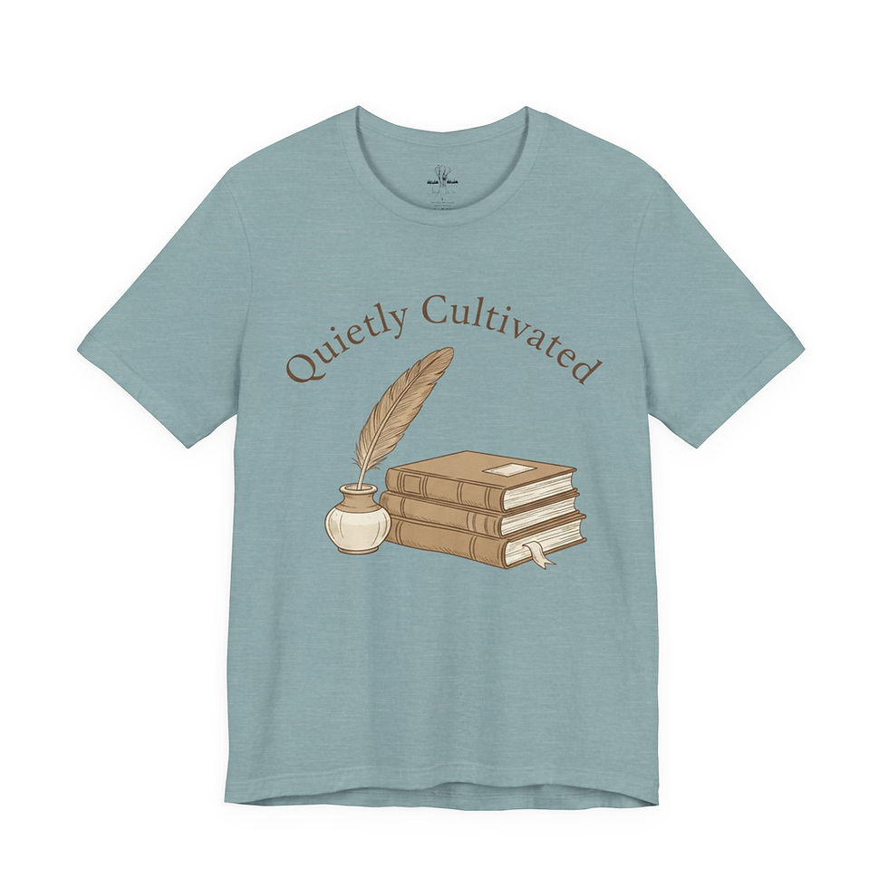 Thumbnail: Quietly Cultivated book stack and quill T-Shirt | Literary tee