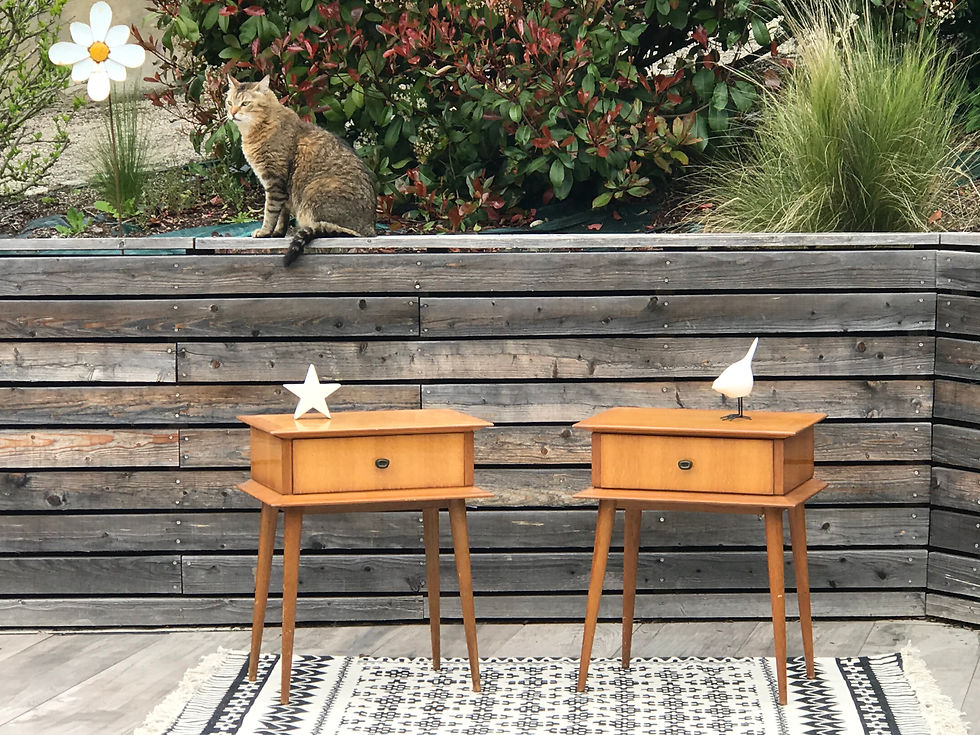 Miniature : Ensemble lit et paire de chevets vintage pieds compas relookés