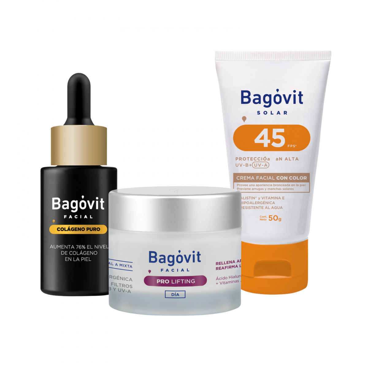 COMBO RUTINA FACIAL BAGOVIT SERUM + CREMA REAFIRMANTE + PROTECCION SOLAR