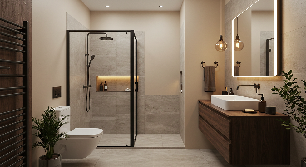 ferah, iyi tasarlanmış ve modern bir banyo dekorasyonu.