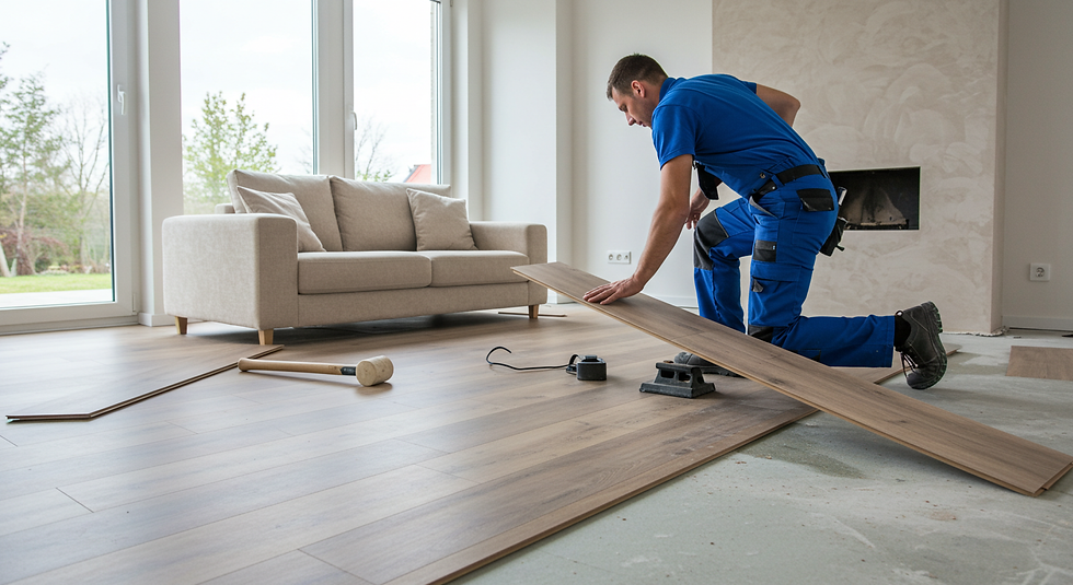 Laminat parke montajı yapan bir usta, modern bir oturma odasında ahşap görünümlü parke döşeme işlemini gerçekleştiriyor.