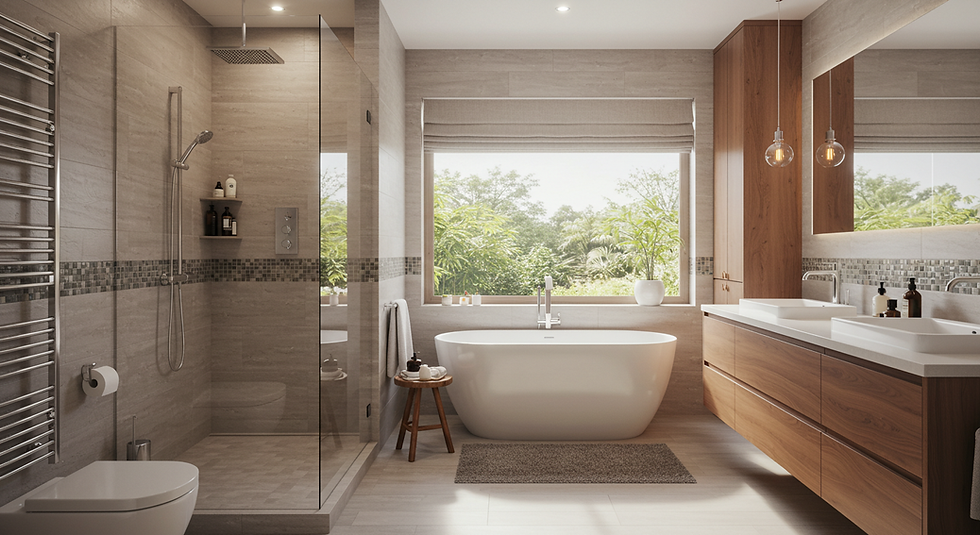 büyük pencereli ,ferah aydınlık modern ve güzel tasarımlı bir banyo.