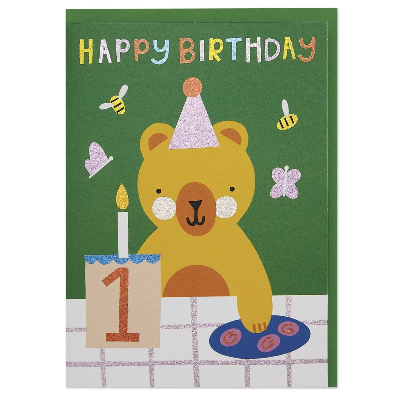 Teddy bear picnic design card with number 1 and Happy Birthday written across the top
