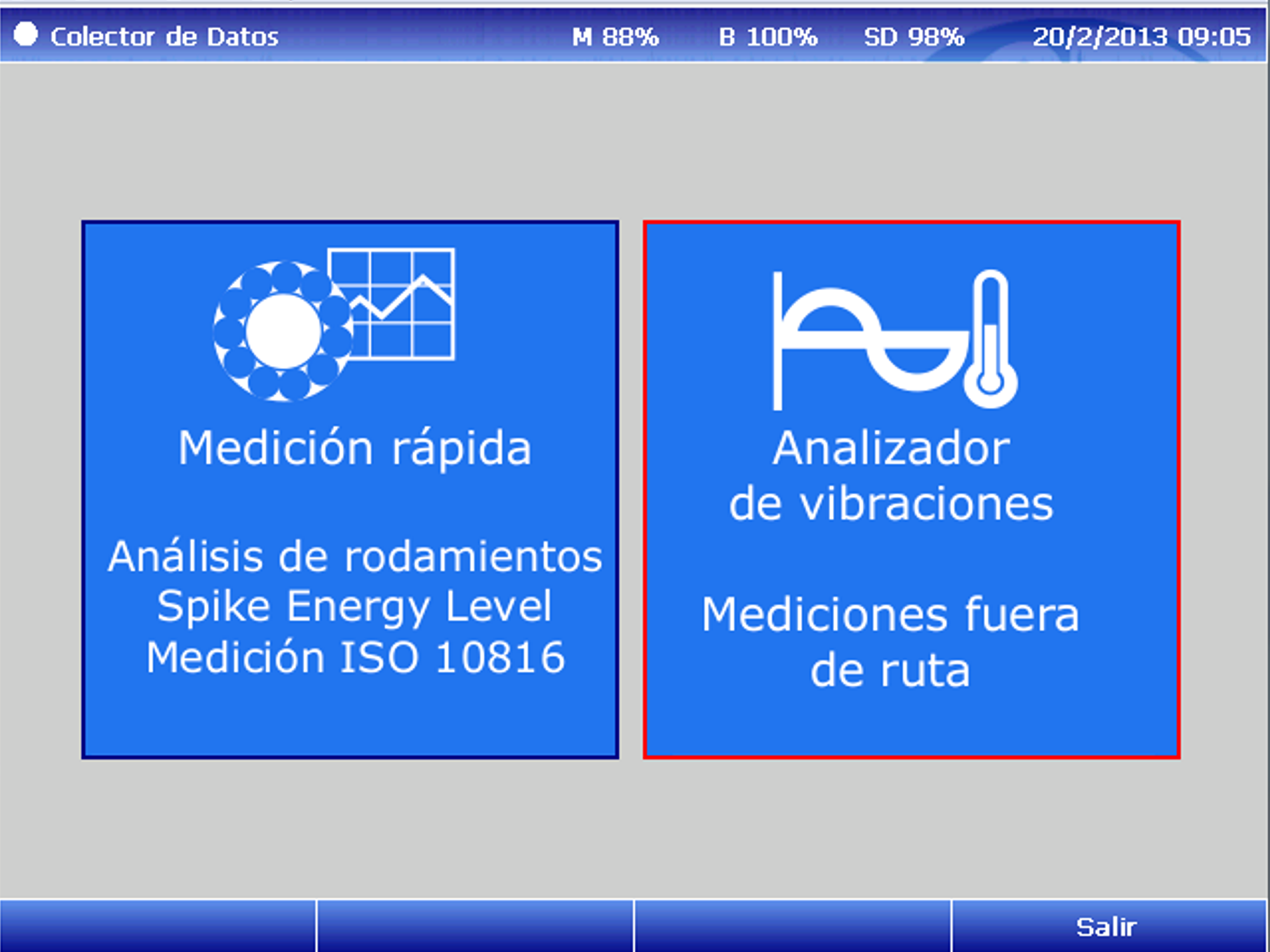 Menú Analizador de vibraciones