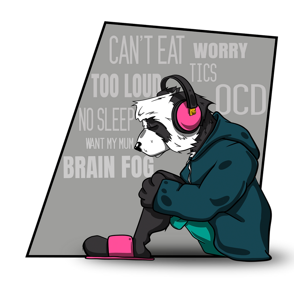 A panda wearing pink headphones and a hoodie sits with eyes closed, surrounded by words like "WORRY" and "BRAIN FOG" on a grey background.