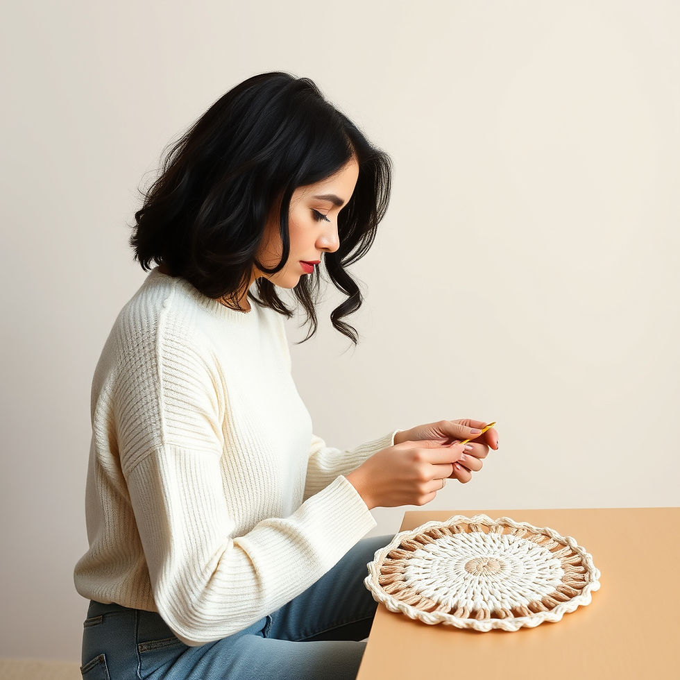 a side angle profile of 30 degrees of a black haired lady in cream top crocheting a croche