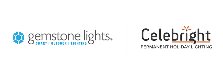 Gemstone Lights and Celebright logos side by side on a white background, featuring blue and orange accents. Text reads "Smart Outdoor Lighting" and "Permanent Holiday Lighting."
