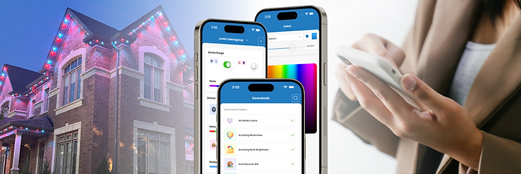 Woman using smartphone app to control colorful LED lights on a house. Three phone screens show light settings. Bright, tech-savvy vibe.