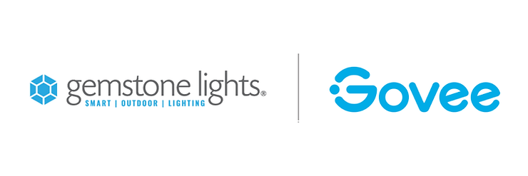 Gemstone Lights logo with blue hexagon and text: "Smart | Outdoor | Lighting" beside Govee logo in bright blue on white background.