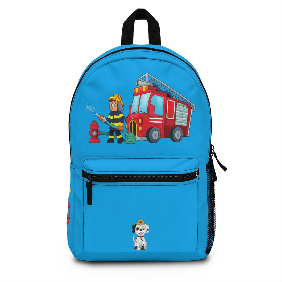Boy's firefighter personalized backpack with exterior pockets.