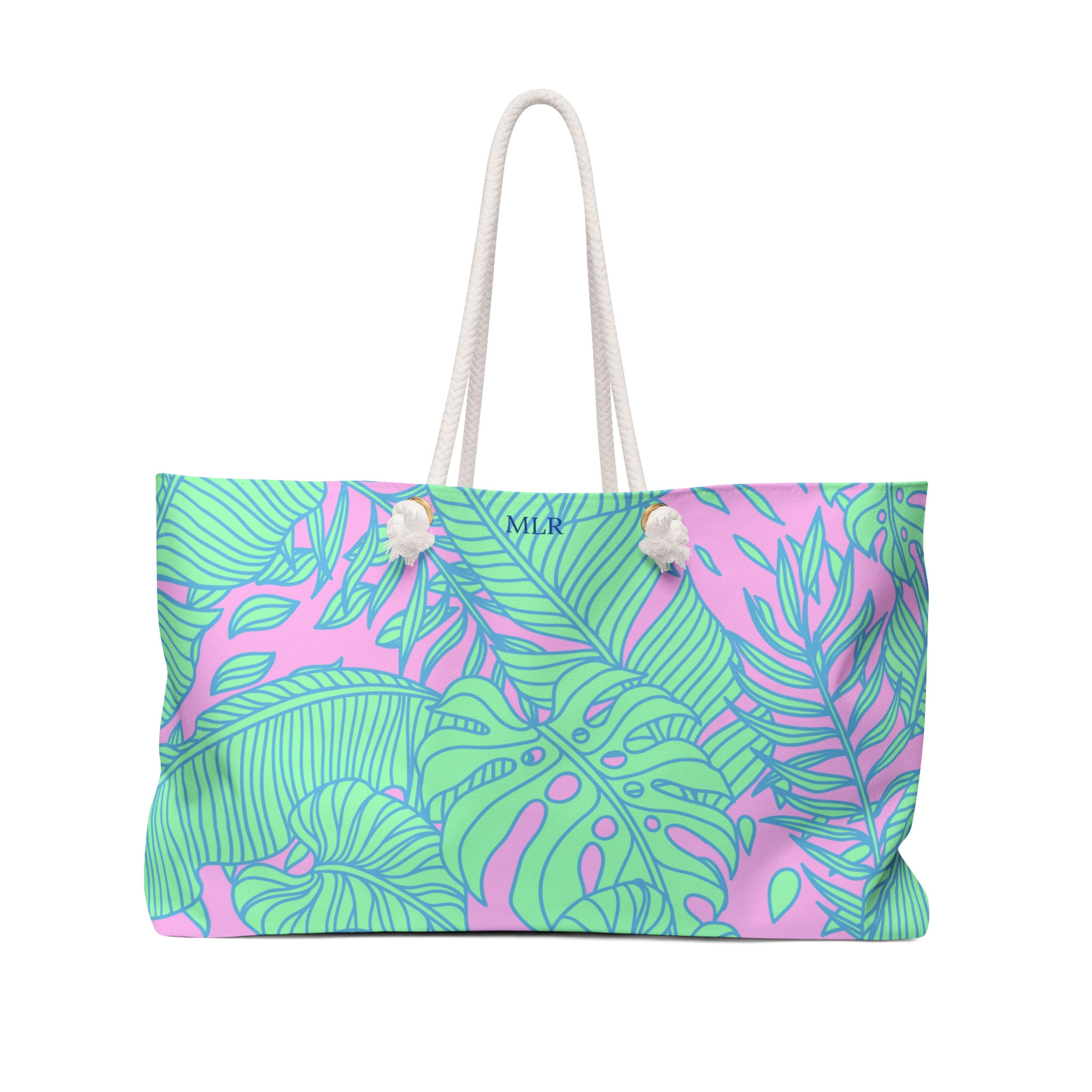Sea Green pink and green palm tree beach tote bag with rope handles