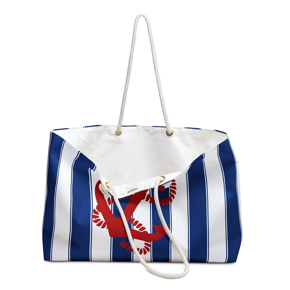 Thumbnail: Open view. Red anchor on blue cabana striped beach tote bag with rope handles.