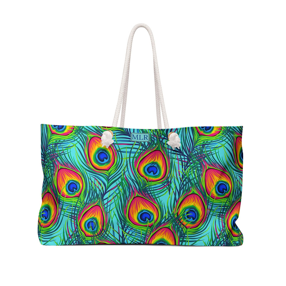 Peacock feather beach tote bag with rope handles. Monogram on front.