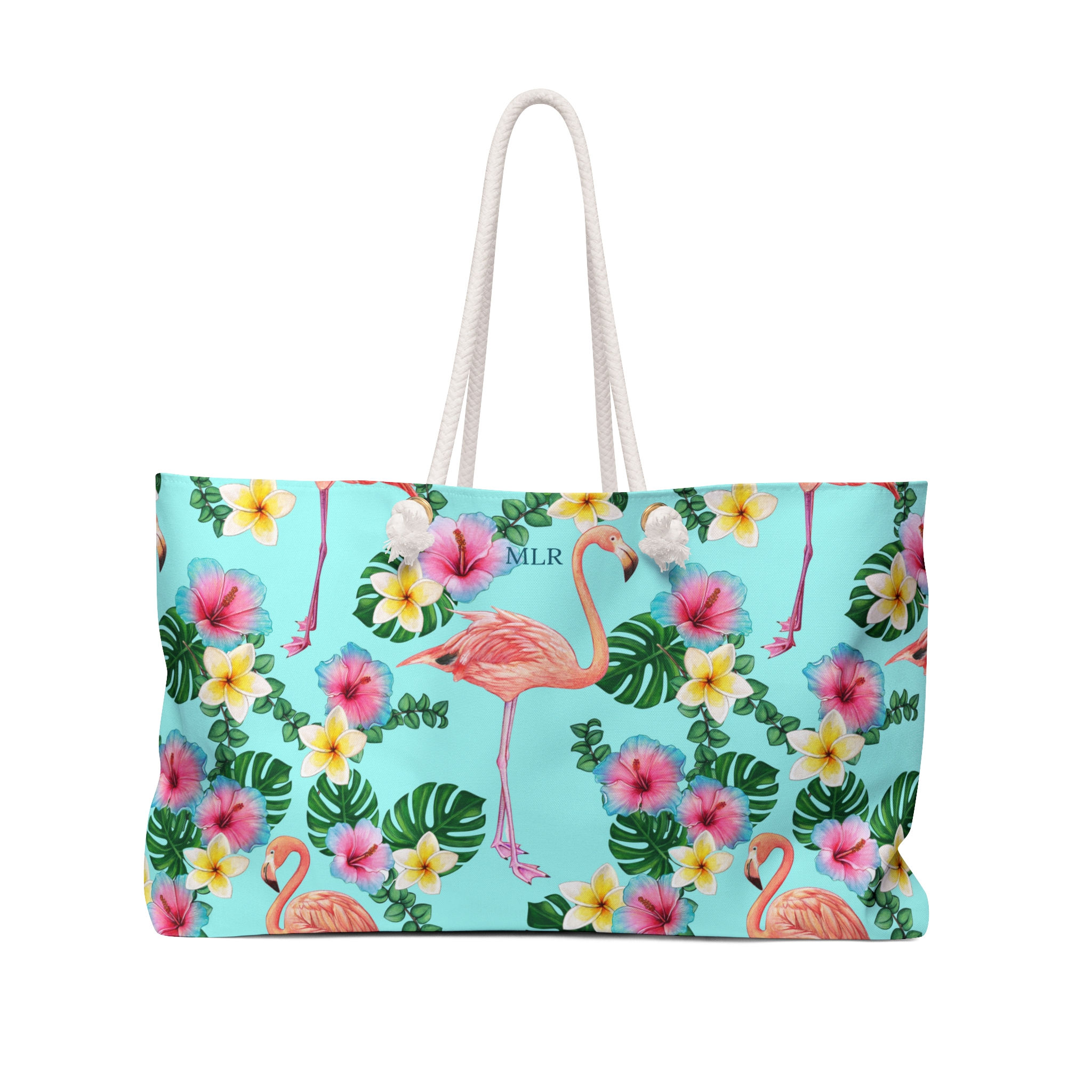 Pink Flamingo Tropical floral beach tote bag with rope handles