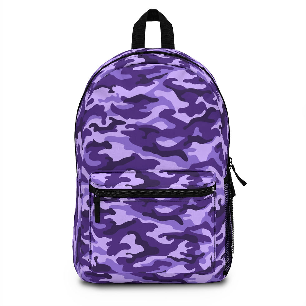 Purple camouflage print personalized backpack with outside pockets.
