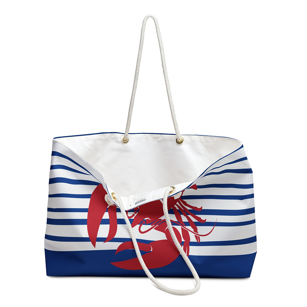 Thumbnail: Open view. Blue and white striped beach tote bag with red lobster on the front. Rope handles.