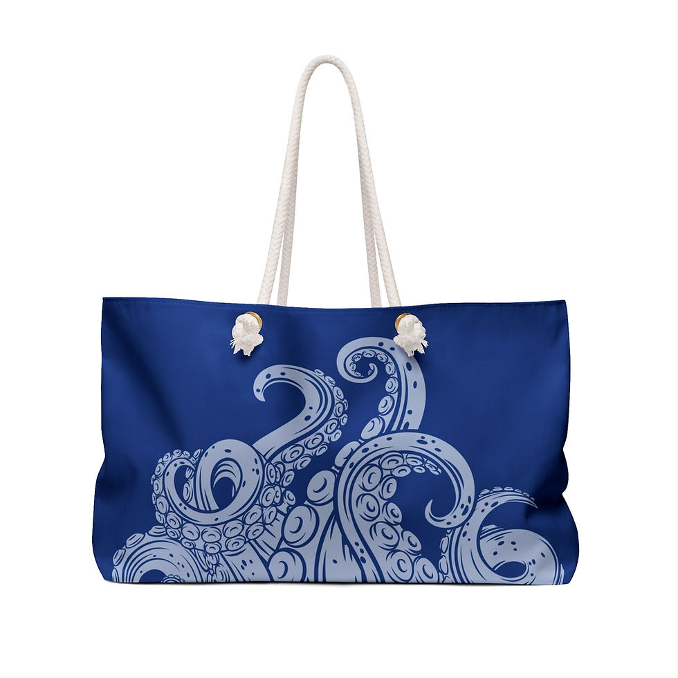 Octopus tentacles on blue beach tote bag with rope handles.