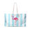 Thumbnail: Pink flamingo blue cabana stripe beach tote bag with rope handles.