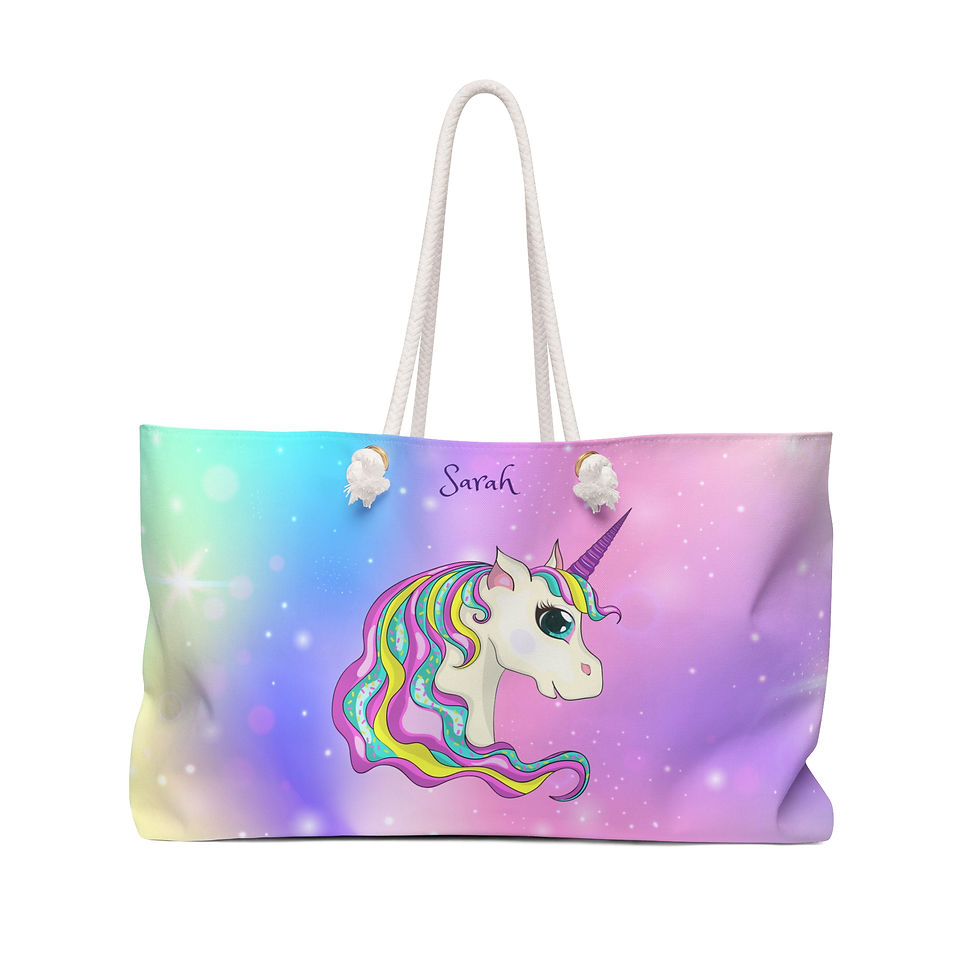Pink and purple Unicorn beach tote bag with rope handles. Name on front of bag.