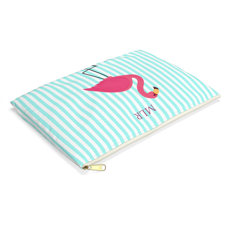 Thumbnail: Pink Flamingo Blue Striped Accessory Pouch with zipper