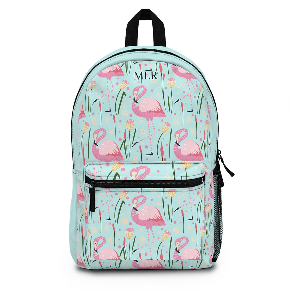 Pink flamingo on blue background print personalized backpack with exterior pockets.
