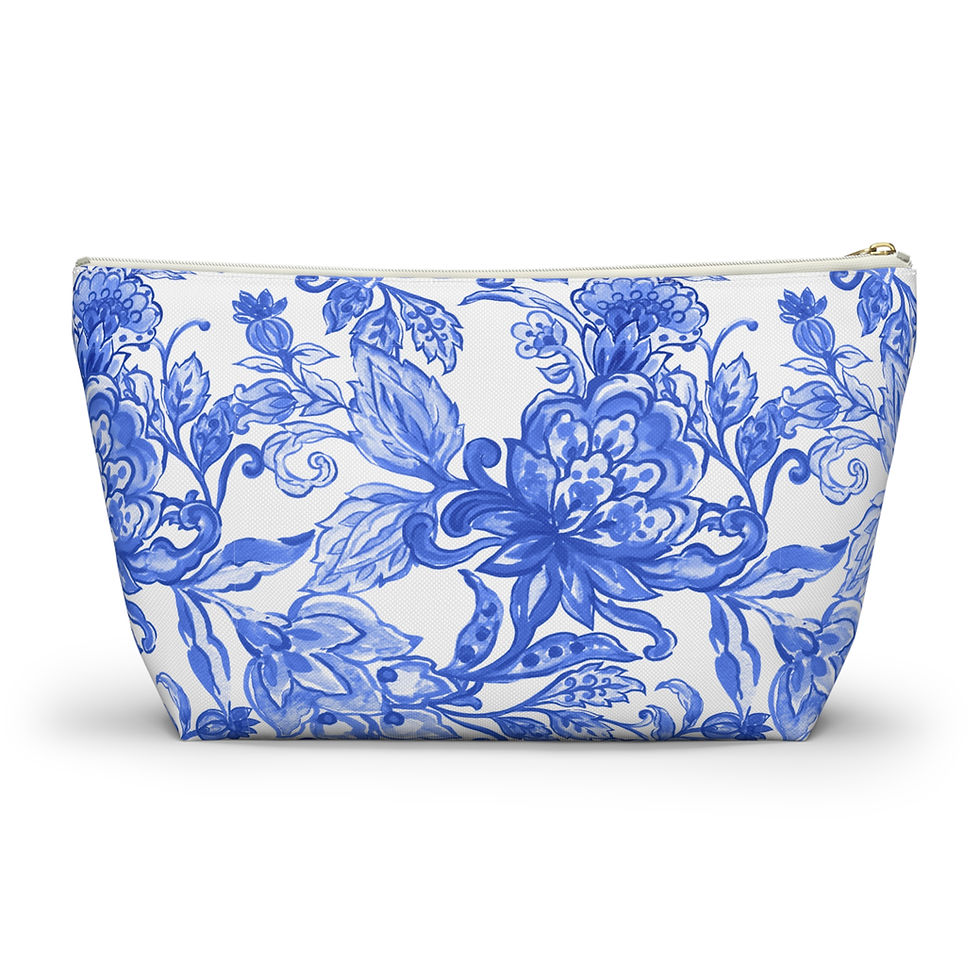 Blue floral t-bottom accessory pouch with zipper