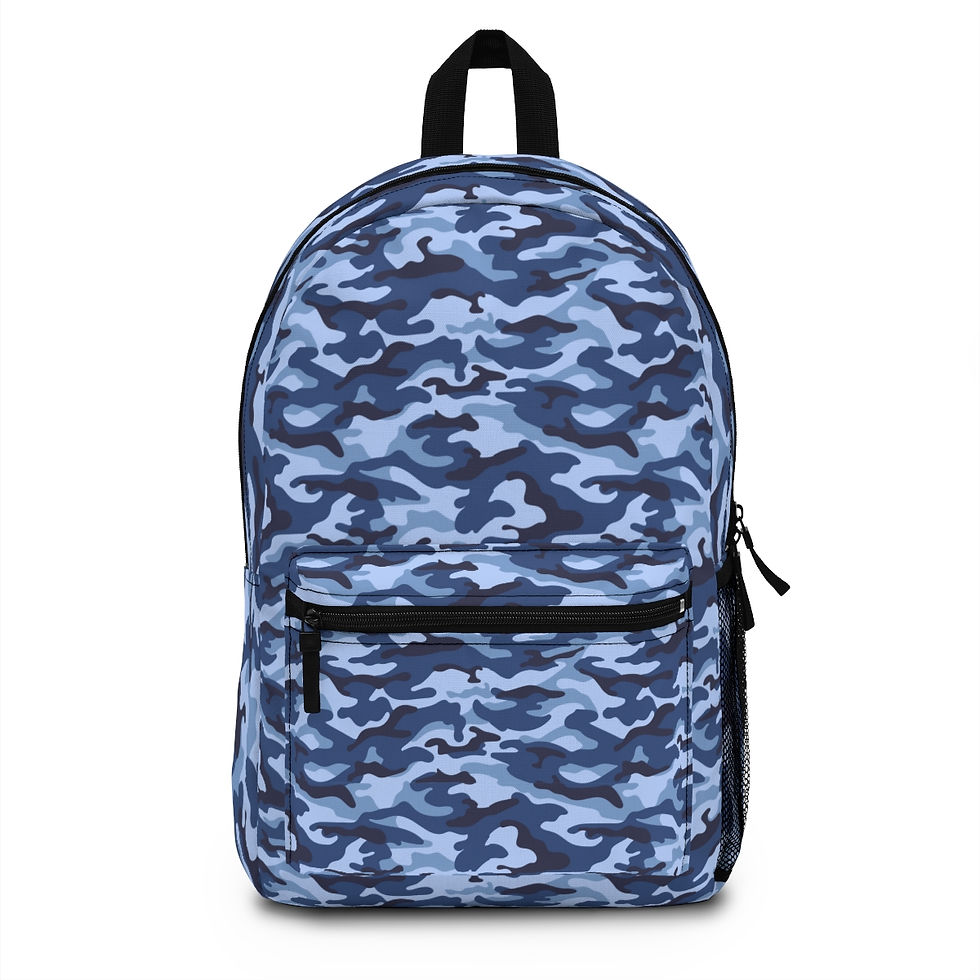 Thumbnail: Blue camouflage personalized backpack with exterior pockets.