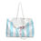 Thumbnail: Pink flamingo blue cabana stripe beach tote bag with rope handles.