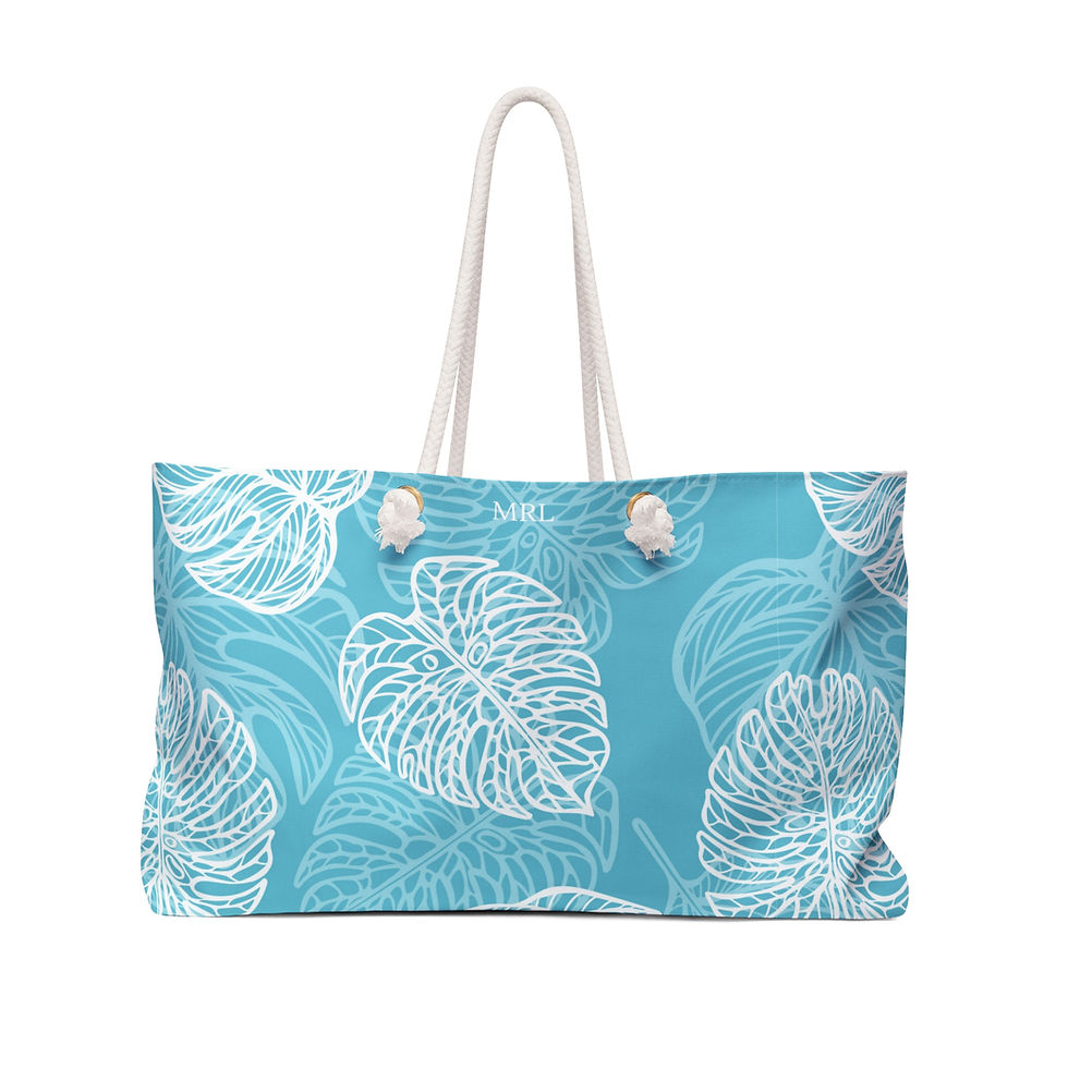 Blue Palm tree beach tote bag with rope handles. Monogram on the front of bag.
