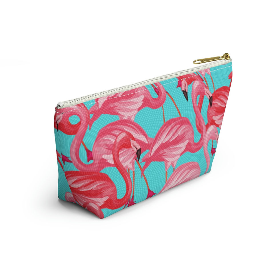 Thumbnail: Pink Flamingo print, Personalized accessory bag. T-bottom pouch.