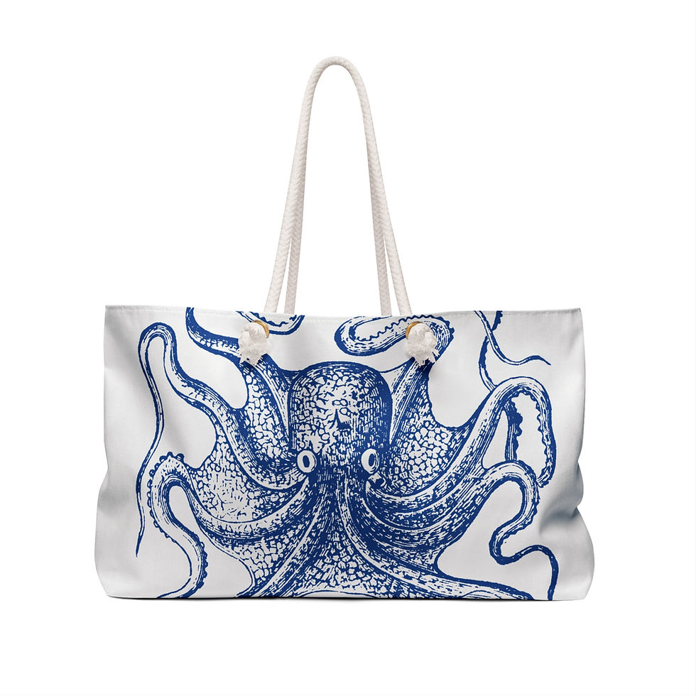 Blue octopus on beige beach tote bag with rope handles.