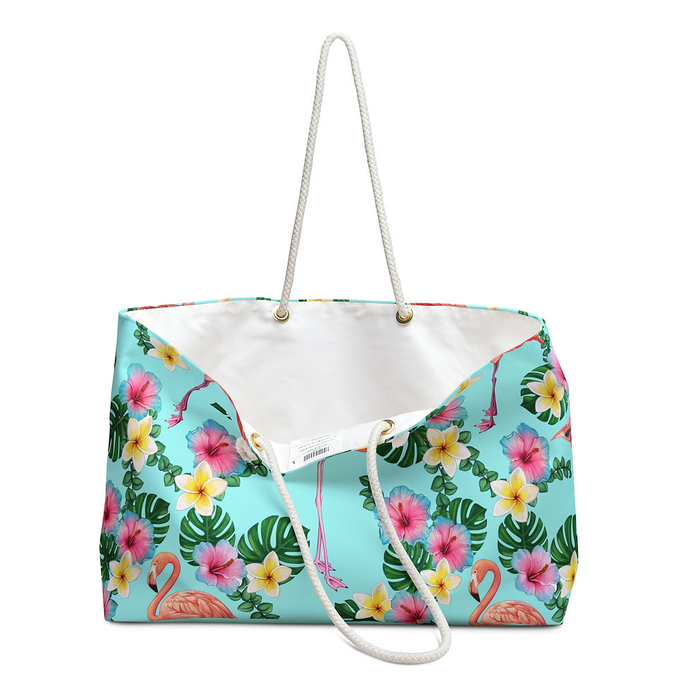 Thumbnail: Open view. Pink Flamingo blue floral beach tote bag with rope handles