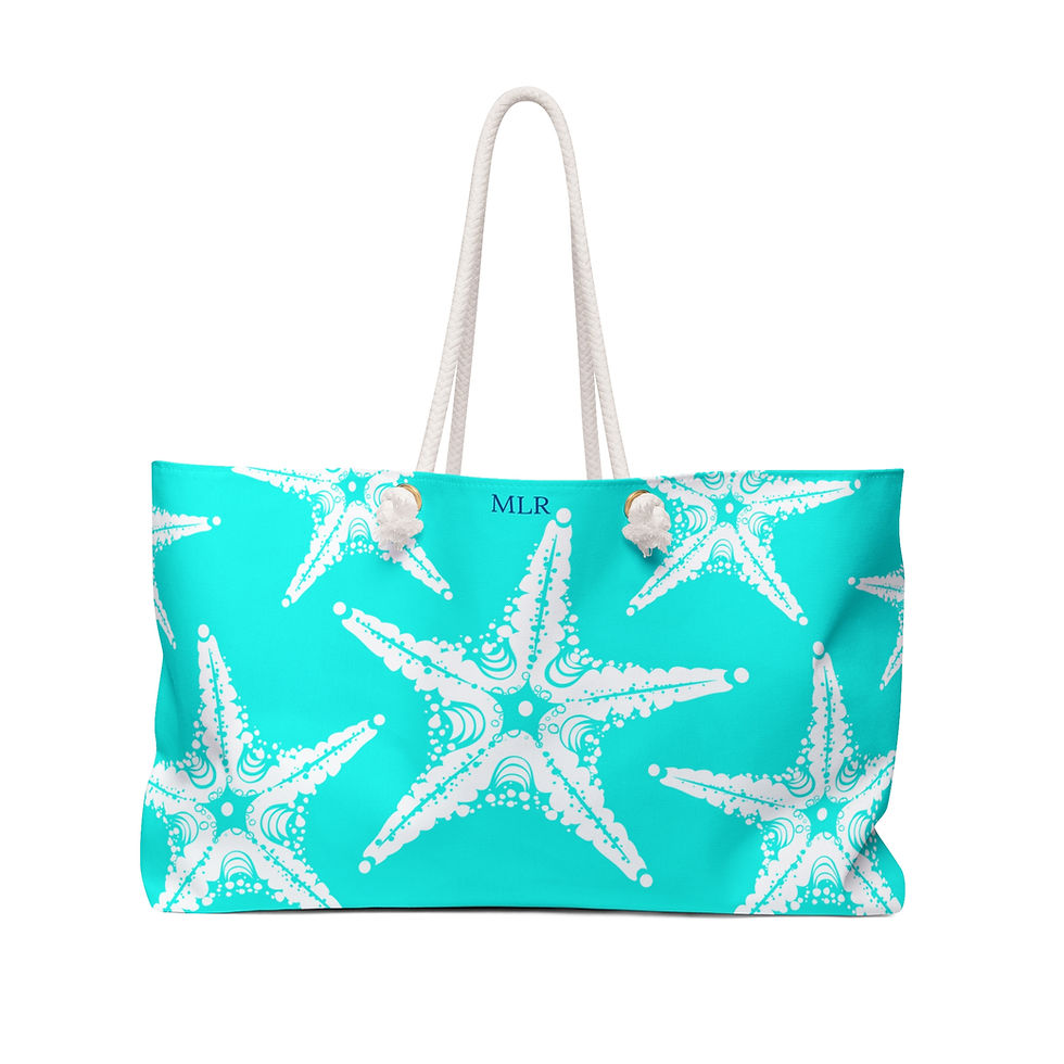 White starfish on blue beach tote bag with rope handles