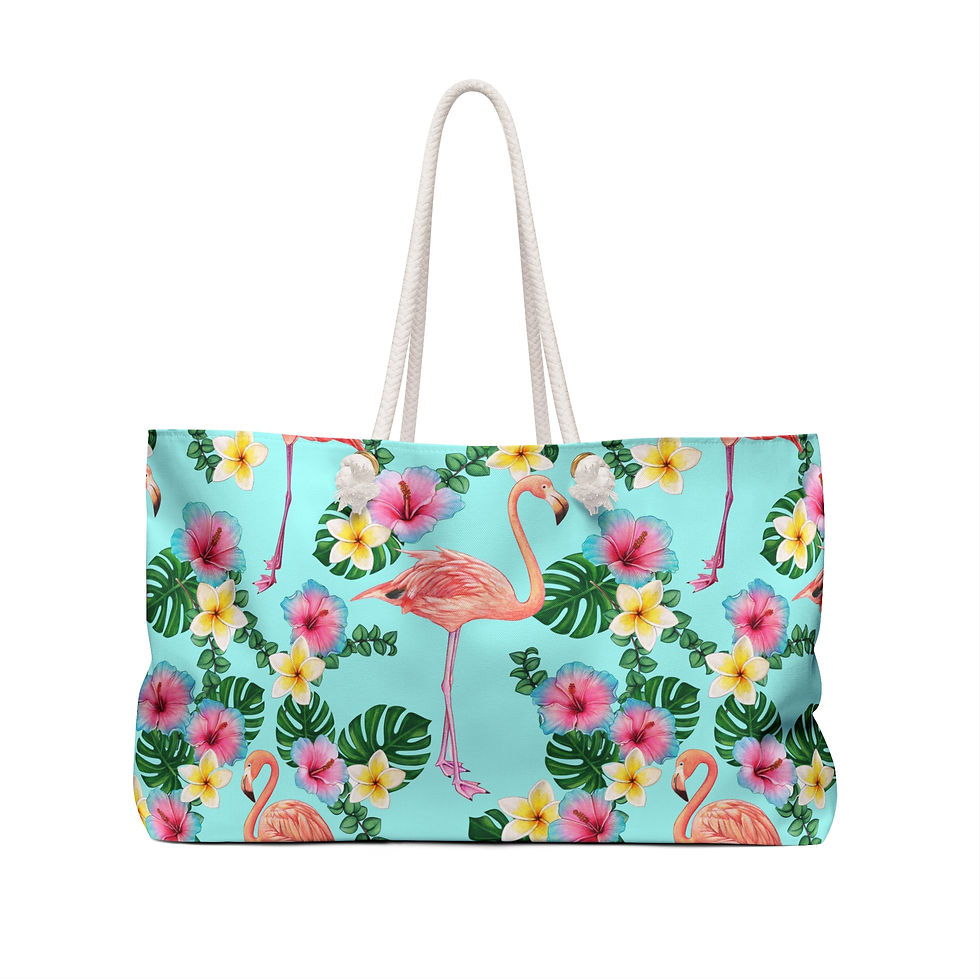 Thumbnail: Pink Flamingo Tropical floral beach tote bag with rope handles