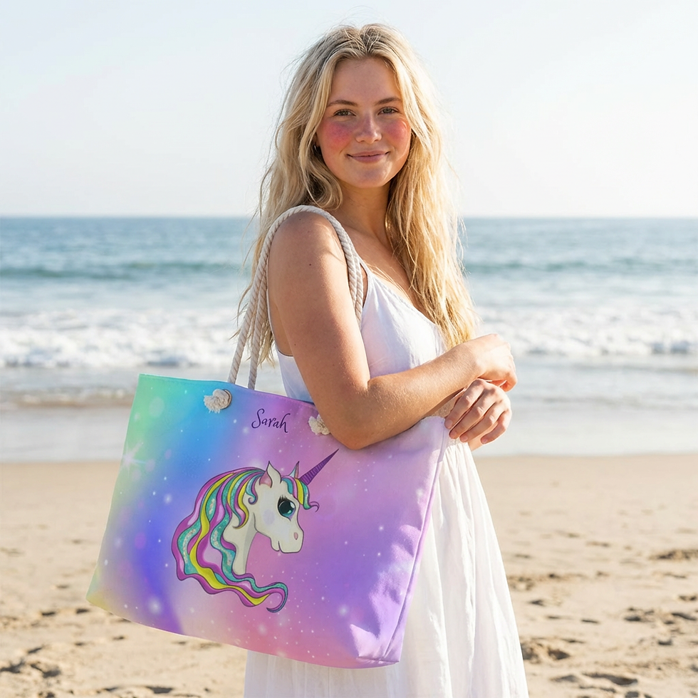 Thumbnail: Pink & Purple Unicorn beach tote bag with rope handles