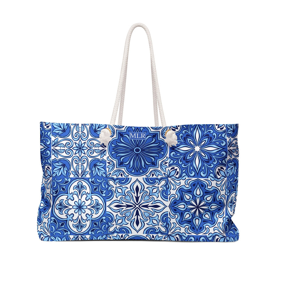 Lisbon Blue Tile beach tote bag with rope handles.