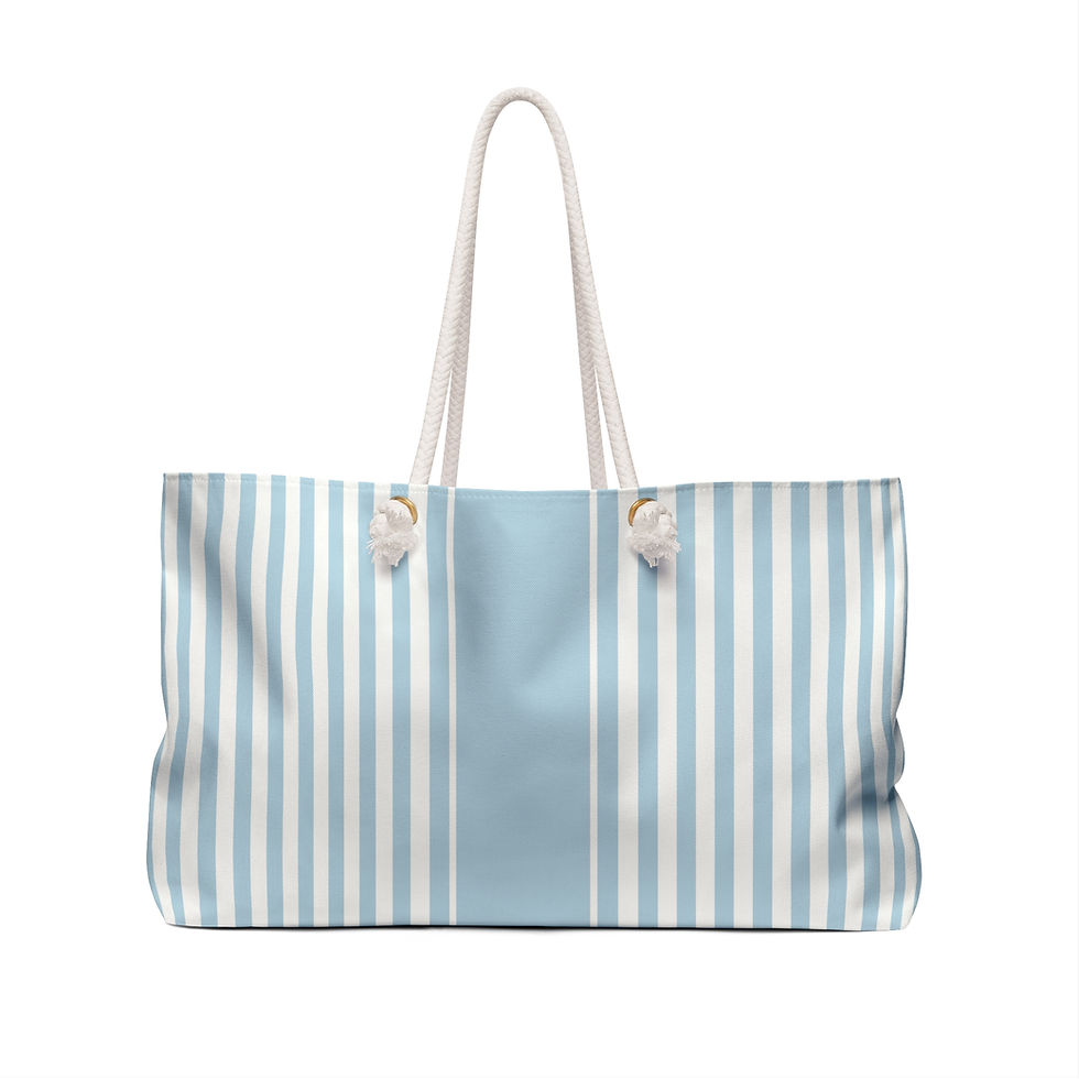 Back view. Map of Martha vineyard on front of blue striped beach tote bag with rope handles.