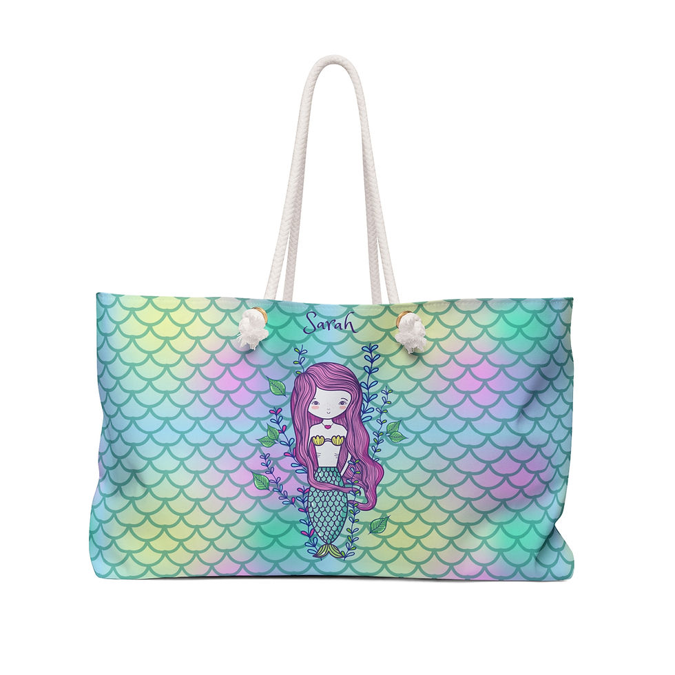 Mermaid on blue and purple scale print beach tote bag with rope handles