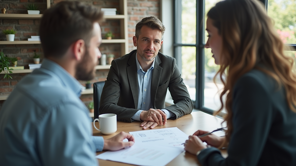 Eye-level view of a small business owner discussing marketing plans with a consultant