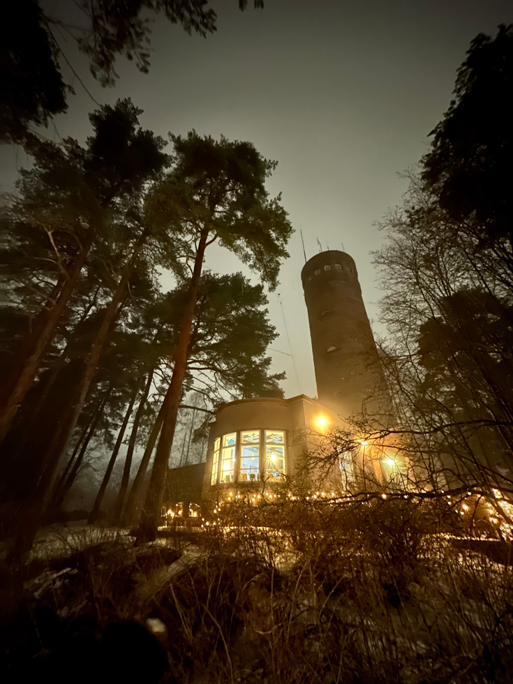 Pyynikki Observation Tower on a foggy night